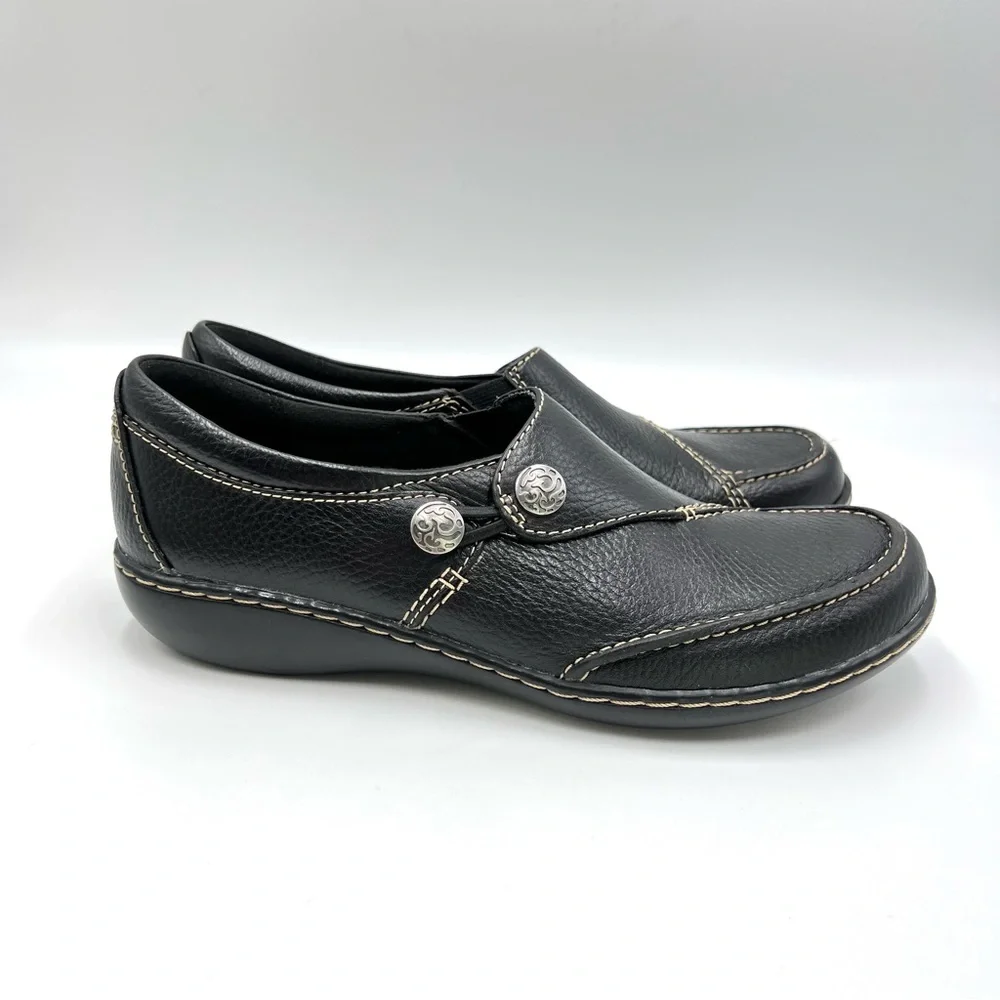 7N 7 N NARROW Clarks Women's Ashland Lane Q Black Leather Slip On Loafers Shoes